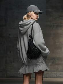 European & American Street Casual Hooded Sweatshirt Dress For Women, Drawstring Hood, Kangaroo Pocket, Dropped Shoulder, Long Sleeve, Ruffle Hem, Patchwork, Loose Fit, Slimming, Sporty Style, Short Dress - Grey - View 2