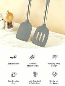 2pcs Premium Silicone Spatula Set, Durable Solid And Perforated Design, Heat-Resistant Flexible Non-Scratch, With Polished Stainless Steel Hook Handle, Easy To Clean Multi-Functional Kitchen Utensils - Khaki - View 9