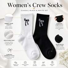 20/10/5/1 Pair Women's Bow Pattern Knitted Short Socks, Soft Elastic, Breathable Casual Mid-Calf Socks, Suitable For Daily Wear, Black And White Classic Aesthetic Socks, Y2K Balletcore Street Style Socks - Multicolor - View 7