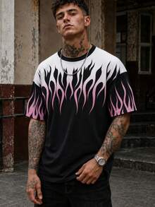 Fractyr Men's Gradient Pink Flame Print Color Block Crew Neck T-Shirt, Black White Contrast Oversized Y2K Streetwear Short Sleeve Tee - Black - View 5