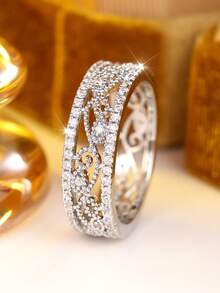 1pc Exquisite Round White Cubic Zirconia White K-Plated Women's Ring, Suitable For All Special Celebrations Throughout The Year, Enhancing Your Charm - White - View 3