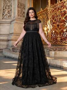 Anpoket Black Plus Size Lace A-Line Gown With Fringe & Beaded Neck, Elegant Women's Summer Prom & Bridal Evening Dress For Party & Festival - Black - View 2