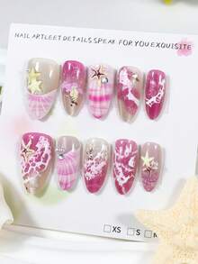 10 Peças Unhas Postiças Médias em Formato de Amêndoa, Unhas de Verão com Textura 3D de Concha e Decoração de Estrela de Pérola Branca, Unhas Francesas de Cobertura Total, Unhas Falsas, Adequadas para Uso Diário de Mulheres e Meninas. - Rosa Bebê - Visão 4