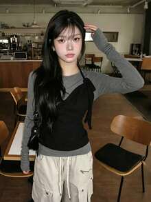 Korean Niche Design Halter Neck Tank Top & Halterneck Long Sleeve T-Shirt 2-Piece Set, Layered Slim Fit For Women Elegant - Dark Grey - View 2