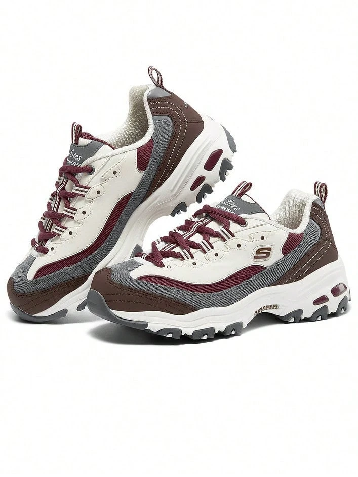 Skechers 斯凱奇 D'LITES系列復古拼接老爹鞋熊貓鞋運動休閒鞋 - 米棕酒紅 - 查看 1