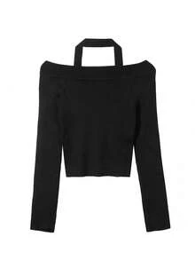Sweater Halterneck Polos Warna Hitam - Hitam - View 5