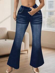 Women's Plus Size Slim Fit Denim Effect Printed Flare Pants, Medium Stretch, Exquisite Details, Fashionable And Comfortable Vacation - Blue - View 3