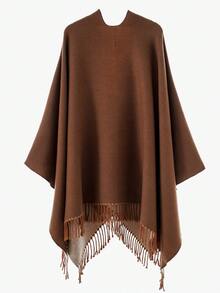 1pc Women's Solid Color Faux Cashmere Tassel Open Front Shawl Warm Cape Cloak - Beige Brown - View 3