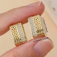 1 Pair Gold-Plated Double-Sided Earrings, Honeycomb Mesh & Double-Row Cubic Zirconia Square Clip-On Earrings, Elegant Daily Party Women's Jewelry - White - View 2