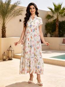 Heavy Print Arabic Women's 2026 New Summer Beige Elegant Dress, JALABIYA Small Stand Collar With V-Neckline, Summer Casual Travel Outfit - Beige - View 5