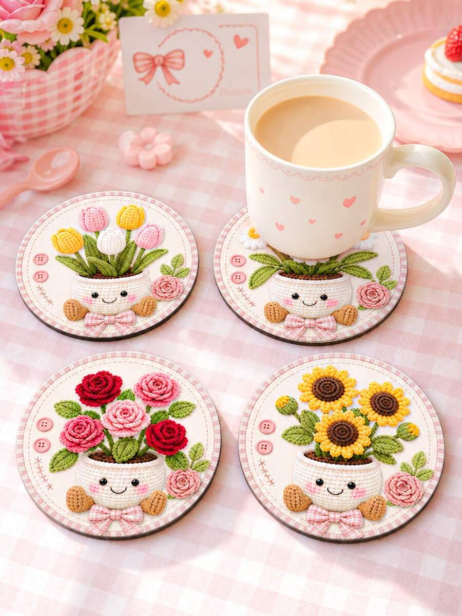 1/4/8pcs Cute Crochet Flower Wooden Coaster Set, Tulip Daisy Rose Sunflower Cartoon Potted Plant Round Drink Cup Mats, Heat Resistant Table Pad, Cottagecore Floral Home Table Decor Sweet Housewarming Gift,Table Decor - Multicolor - View 1
