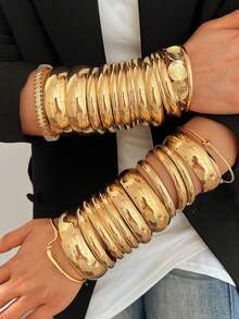 Random 13pcs/9pcs/4pcs/1pc Vintage Elegant Exaggerated Bohemian Style Women's Metal Iron Plate Bracelets, Suitable For Daily Casual, Party And Summer Vacation Travel Wear, Gift - Gold - View 2