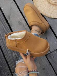 Dicke Sohle Schneestiefel Winter Leder Fellfutter Fleece Verdickt Warm Lässig Mode Pendeln Vielseitig Winterschuhe Schneestiefel Hauskleidung - Kamelfarben - Übersicht 4
