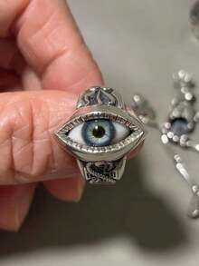 1pc Vintage Gothic Demon Eye Adjustable Ring, Women's Retro Blue Eyeball Open Ring, Punk Motorcycle Style Personalized Jewelry, Halloween Party Gift - Multicolor - View 1