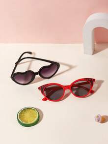 1 Set 2pcs Unisex Kids 3-8 Years Old, Mixed Color Glitter Cat Eye & Solid Color Heart Shape, Plastic Material, Dual-Tone Gradient Lens Glasses, Spring Travel Party Style - Multicolor - View 8