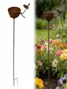 Vintage Distressed Rusty Bird Feeder Garden Stake, Metal Bird Bath Basin Yard Decor, Exquisite Design, Natural Finish, Suitable For Hummingbirds, Birds And Insects, Garden Water Feature, Elegant Bird Bath, Spring And Summer Garden Decoration - A - View 6