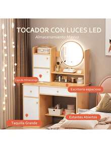 Vanity Desk With Mirror, LED Lights Makeup Dressing Table With 2 Drawers, 3 Shelves, And 3 Storage Lockers, Dressing Table For Bedroom, Dressing Room (White, Pink, Brown) - 棕色 - 查看 3