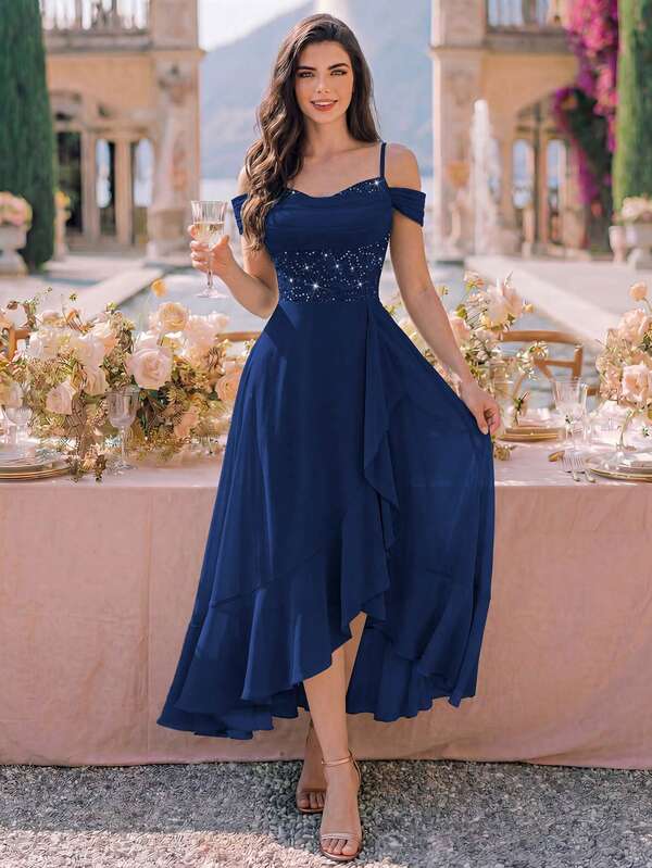 MIUSOL Sequin Floral Lace Off-Shoulder Contrast Color Chiffon Ruffle Elegant Ball Party Midi Dress Summer
