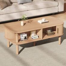Light Wood Coffee Table 110*55*45cm From MDF, Living Room Table With Rolling Door, Open Compartments Storage - Natural - 查看 6