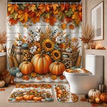 1pc/4pcs Autumn Harvest Pumpkin & Maple Leaf Multi-Functional Bathroom Decor Shower Curtain Set, Free 12 Hooks, Premium Holiday Atmosphere, Bathroom Mat, U-Shaped Rug And Round Toilet Lid Cover, Suitable For All Occasions, Bathroom Set - Pumpkin Harvest - View 7