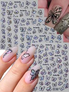 6 Sheets Holographic Butterfly Nail Stickers, Laser Black White Shimmer Nail Decals, Dreamy Fairy Style Nail Art Supplies For Summer Party & Wedding Nail Charms Decorations - Multicolor - View 1