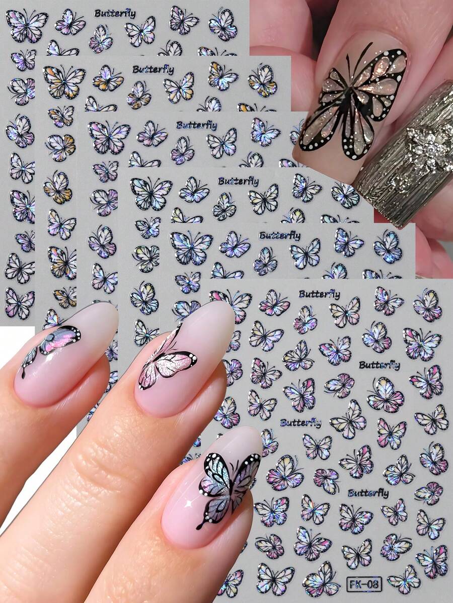 6 Sheets Holographic Butterfly Nail Stickers, Laser Black White Shimmer Nail Decals, Dreamy Fairy Style Nail Art Supplies For Summer Party & Wedding Nail Charms Decorations - Multicolor - View 1
