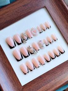 12pcs French Black & White Polka Dot Gradient Medium Length Press-On Nails, Reusable - 黑與白 - 查看 5