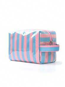 Striped Travel Makeup Bag Set, Fashionable Double Layer Design Cosmetic Organizer, Large Capacity Essentials And Daily Travel Storage Bag - Multicolor - View 11