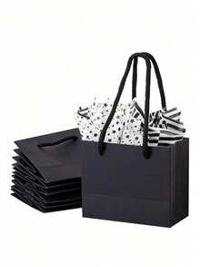 12pcs Black Paper Gift Bags With Handles, Practical Handheld Gift Packaging Bags For Wedding, Birthday, Valentine's Day, Bachelorette Party, Wedding Favors, Commercial Retail Shopping Bags, Handmade Crafts Storage Bags, Black Minimalist Paper Gift Tote Bags, Holiday Gift Packaging Bags, Party Candy And Cookie Gift Bags, Wedding And Birthday Party Supplies Packaging, Merchant Retail Handmade DIY Storage Bags, Home, Store, Party, Wedding General Use, New Year, Valentine's Day, Mother's Day, 520, Graduation Season, Teacher's Day, Mid-Autumn Festival, Christmas, Birthday, Wedding, Housewarming Favors, Practical Gift Packaging And Storage Supplies - Multicolor - View 1