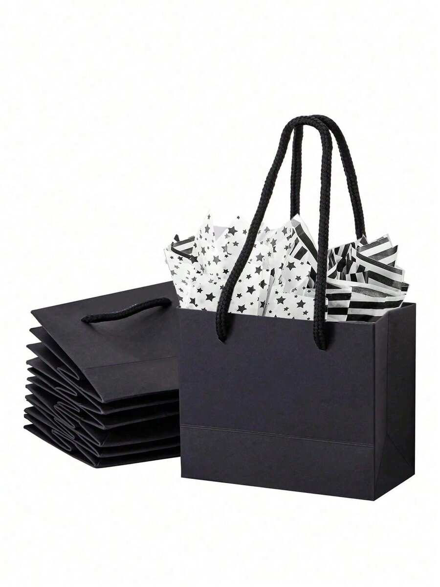 12pcs Black Paper Gift Bags With Handles, Practical Handheld Gift Packaging Bags For Wedding, Birthday, Valentine's Day, Bachelorette Party, Wedding Favors, Commercial Retail Shopping Bags, Handmade Crafts Storage Bags, Black Minimalist Paper Gift Tote Bags, Holiday Gift Packaging Bags, Party Candy And Cookie Gift Bags, Wedding And Birthday Party Supplies Packaging, Merchant Retail Handmade DIY Storage Bags, Home, Store, Party, Wedding General Use, New Year, Valentine's Day, Mother's Day, 520, Graduation Season, Teacher's Day, Mid-Autumn Festival, Christmas, Birthday, Wedding, Housewarming Favors, Practical Gift Packaging And Storage Supplies - Multicolor - View 1