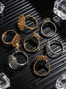 10 Pcs 18K Gold-Plated Stainless Steel Circular Hollow Mesh Adjustable Ring Blanks Inlaid With Gemstones DIY Jewelry Making Supplies For Women - Ring - View 1