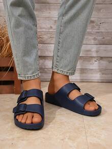 Men's Couple Minimalist Solid Color EVA One-Piece Molded Lightweight Double-Strap Comfortable Flat Bottom Buckle Breathable Slide Sandals, Plus Size For Home, Outdoor, Beach - Blue - View 4