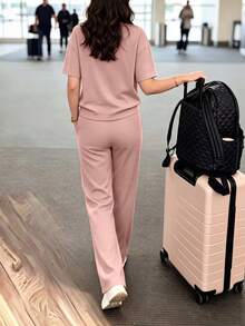 女款休閒兩件套，圓領T恤搭配微彈性長褲，舒適居家服套裝，附口袋，夏季優雅 - 灰粉紅色 - 查看 5