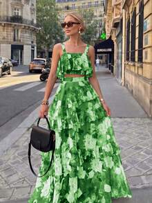 Spring/Summer New Beach Vacation Style Printed 2-Piece Set, Ruffle Camisole Top And Cake Skirt, Polyester Material Elegant - Green - View 3