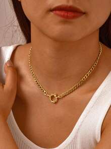 1 pieza Collar de cadena con cierre de resorte simple, de acero inoxidable, resistente al agua y sin decoloración, adecuado para el uso diario de las mujeres - cadena cubana - Ver 1
