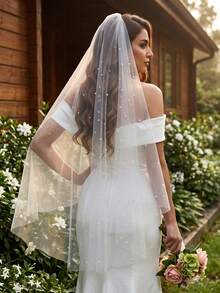 1件雙層短款百搭珍珠新娘面紗，簡約優雅女款婚紗配件，適用結婚登記與儀式 - 彩色 - 查看 5