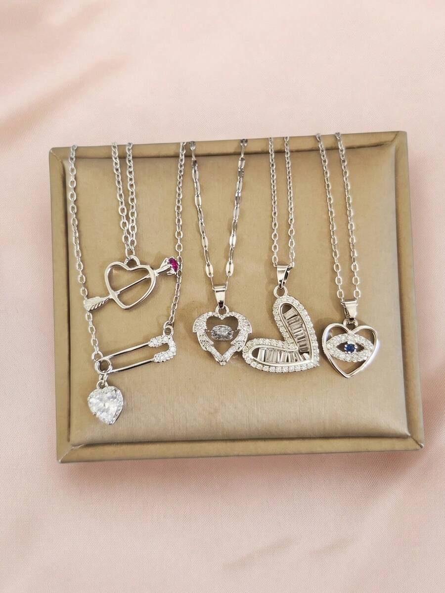 Women's Necklace Set With Multiple Options, Cupid Arrow Through Heart Brooch, Heart Pendant, Dynamic Beating Heart Shape, Trapezoid Hollow Design, Evil Eye Clavicle Chain, Sweet Cool Girl Style, Women's Daily Wear Neck Accessory, Romantic Valentine's Day, Qixi Festival, Christmas, Birthday Gift, Best Friend Memorial, Niche Exquisite Shiny Versatile Jewelry - Heart Shape - View 1