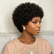 Women's Daily Wear Natural Black Short Afro Curly Human Hair Full Machine Woven Wig - Natural Black - View 5