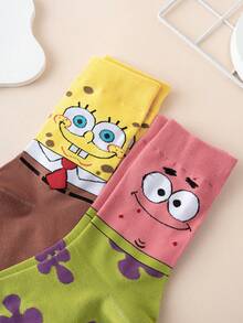 SpongeBob SquarePants 2 Pairs SquarePants Series Expression Contrast Color Pattern Personalized Funny Men's Mid-Calf Socks, Couple Style - Multicolor - View 4