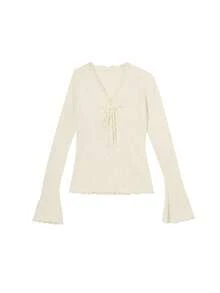 Sweater Pullover Rajut Bergaris Leher V Wanita, Lengan Lonceng Panjang Berkerut, Atasan Pas Badan Elastis Tinggi untuk Musim Gugur - Aprikot - View 5