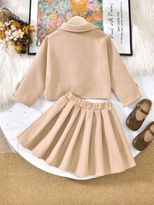Vihyde Set 2 Potong Jaket Pendek Kerah Lapel Gaya Inggris & Rok Plisket Campuran Wol untuk Anak Perempuan Muda Musim Gugur/Dingin Outfit Musim Gugur - Aprikot - View 6