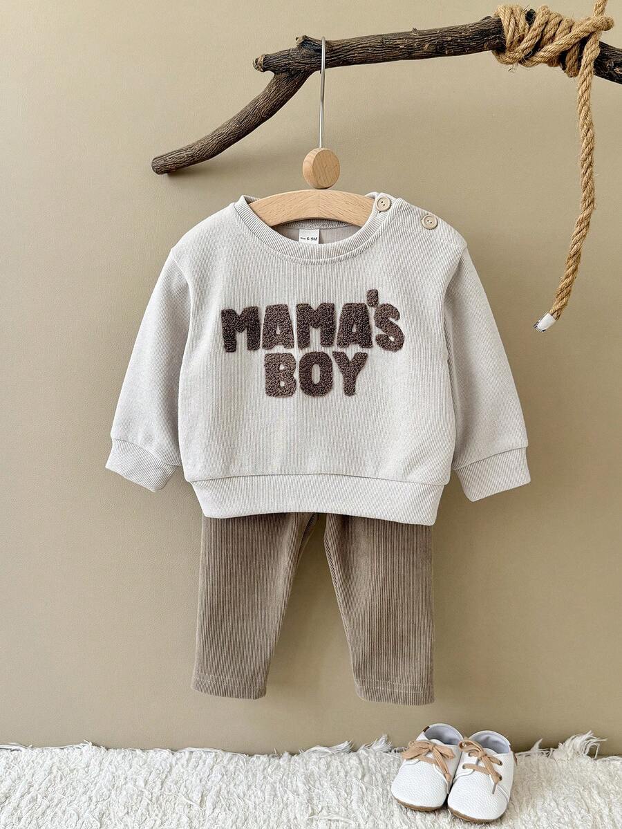 2Pcs/Set Baby Boy Towel Embroidered Round Neck Sweatshirt & Casual Long Pants Set, Spring/Autumn Baby Boy Clothing