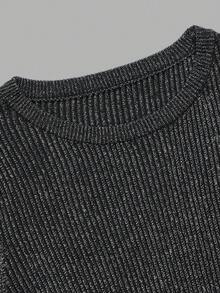 Silver Black Ribbed Long Knit Base Layer Top, Round Neck, Side Tie-Up Slit, Ruffle Long Sleeve, Slim Fit, Flattering, Inner Layer For Trench Coat/Bla - Black - View 6