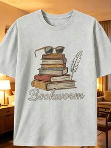 Vintage Bookworm Book Stack Quill Pen TShirt Short Sleeve Crew Neck Casual Blouse Suitable For Spring Summer Book Lover Gift Bookworm Machine Washab - Grey - View 1