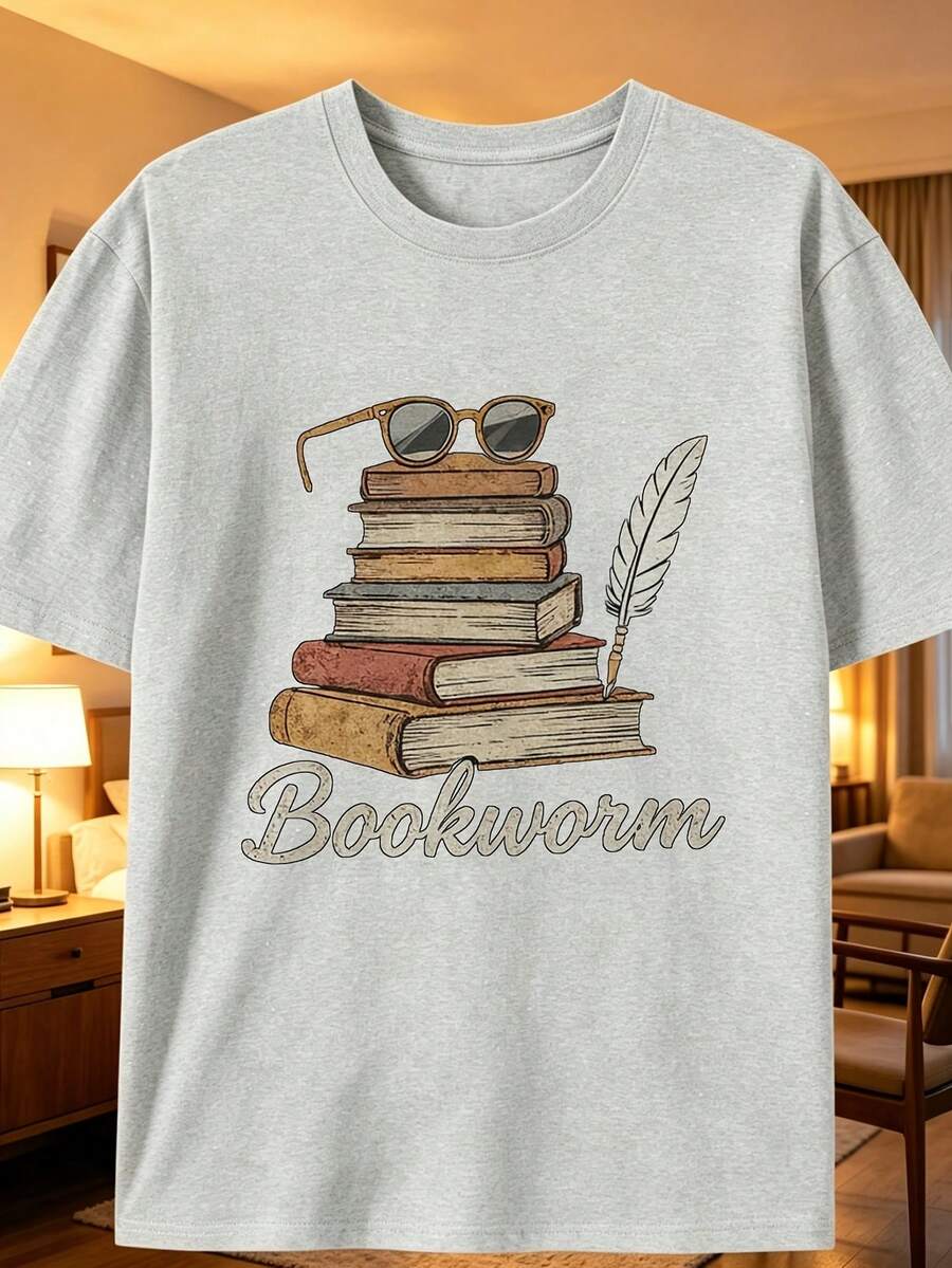 Vintage Bookworm Book Stack Quill Pen TShirt Short Sleeve Crew Neck Casual Blouse Suitable For Spring Summer Book Lover Gift Bookworm Machine Washab - Grey - View 1