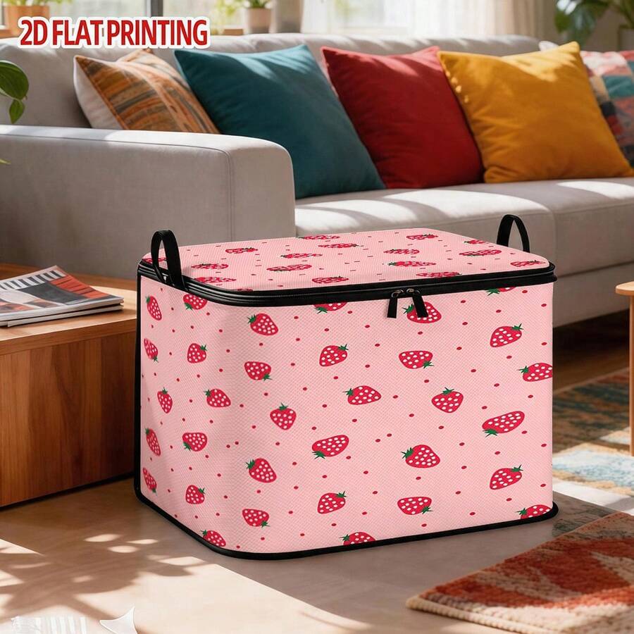 1pc Large Foldable Zipper Storage Box, Pink Strawberry Pattern Storage Box, High-End Style Element Print, Perfect For Travel, Bedding, And Wardrobe Organization Solution - View 1