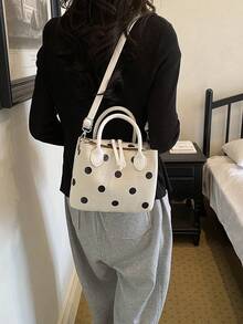 MEINCHOLY Woven Texture PU Handbag Crossbody Bag, Cream White With Black Polka Dot Minimalist Small Square Bag, All-Season Bestseller, Suitable For Daily Commute, Shopping, Sweet Date, Short Trip, Afternoon Tea Gathering, Targeted At 18-40 Years Old White-Collar, Moms, Students, Teachers, Gentle Girls, Dual Short Handles + Adjustable Wide Crossbody Strap As Differentiated Selling Point, Fresh Girly Style High-Traffic Gift Bag For Women - White - View 2