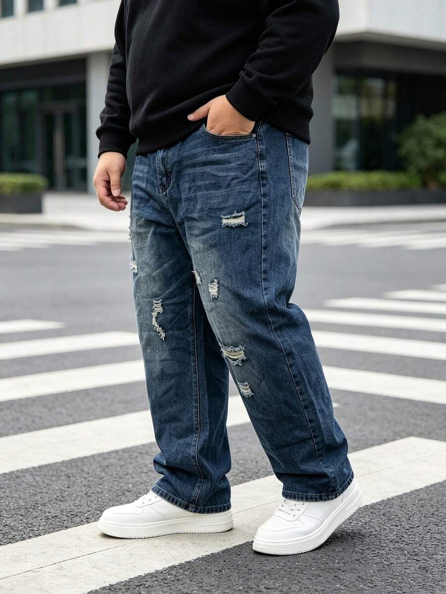 Men Elastic Waist Vintage Ripped Straight Jeans, Multifunctional Non-Stretch Plus Size Distressed Blue Loose Denim Street Pants - Navy Blue - View 1