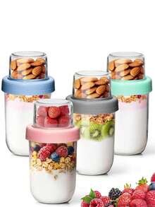Overnight Oats Cup With Lid, Double Layer Chia Pudding Cup, Dry And Wet Separation, Leak-Proof Yogurt Fruit Cereal Salad Cup, Stackable Durable Glass Material, Suitable For Work, Gym, School, Travel, Refrigerator Storage - Multicolor - View 1