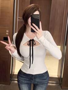 2026 Sexy Style 2 In 1 Tie-Up Knitted Top, Black & White Contrast Ribbon Bow Ribbed Slim Fit Long Sleeve, Soft Feminine Waist-Cinching Cropped Base Layer, Spring/Autumn Date & Commute, Soft Skin-Friendly Slimming Knit Sweater For Women 18-35 - White - View 8